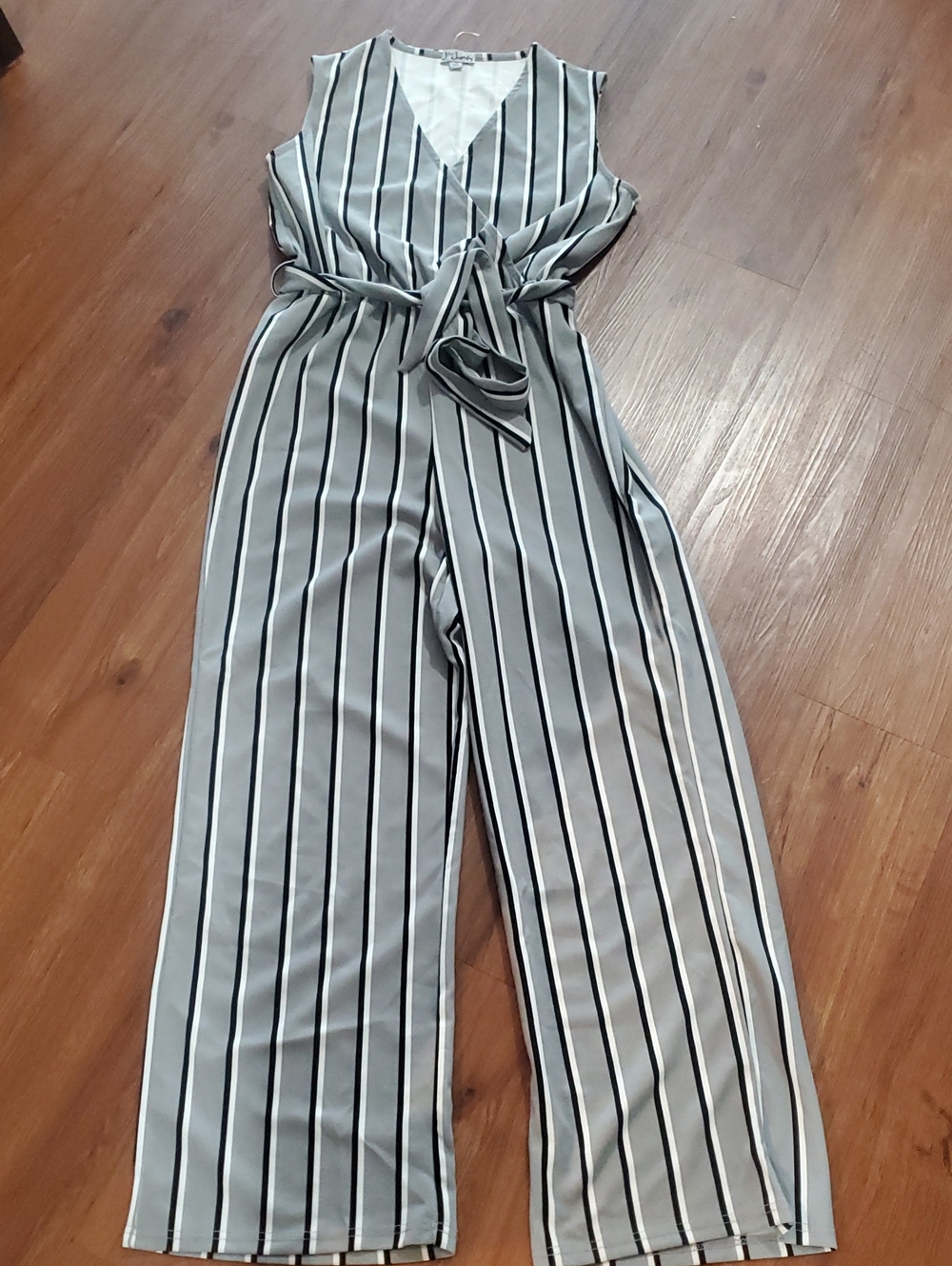 J for Justify Vertical Striped Sleeveless Wrap Jumpsuit - Gray/Black